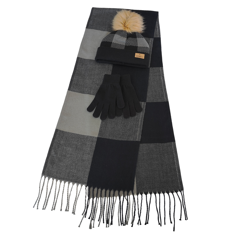 Unisex Acrylic Plaid Fake Fur Autumn Winter Three-piece Scarf Glove Caps